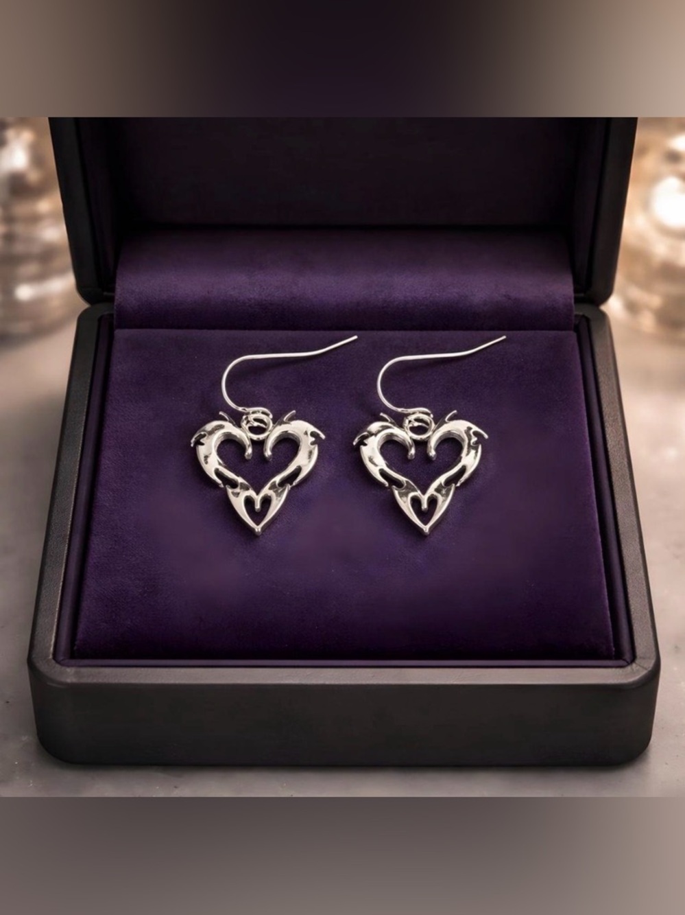 Silver Flaming Heart Drop Earrings - hypoallergenic hooks